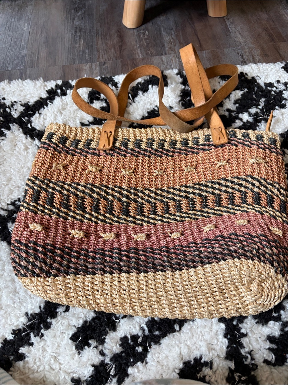 Handwoven Straw Tote with Pink and Tan AccentsVTG